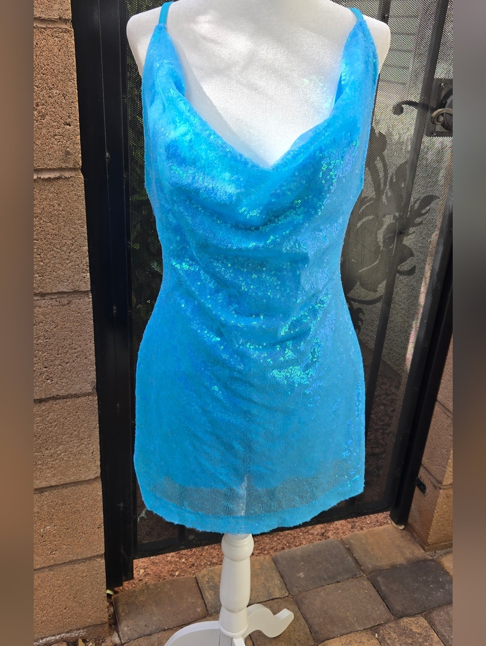 Design Collective Baby Blue Sequin Cowl Neck Mini Dress